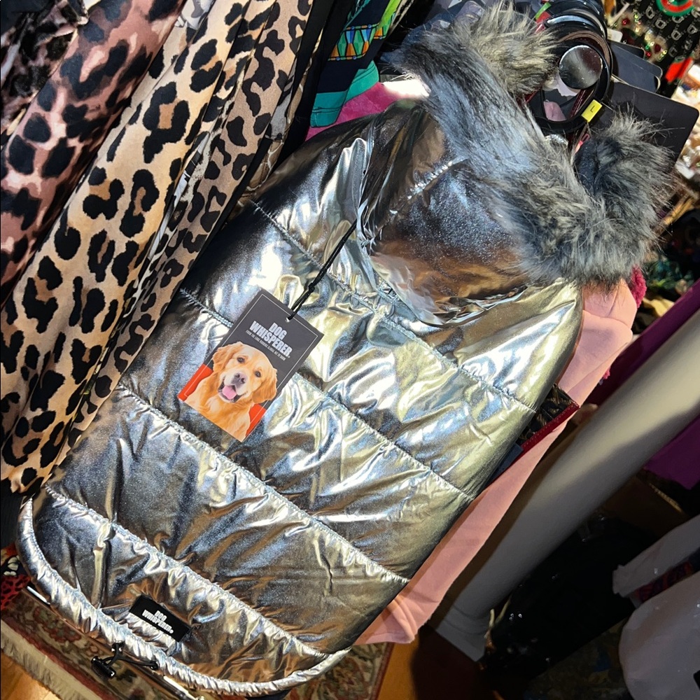 Metallic Silver Dog Winter Coat w/fleece inside- Removable Hood w/Faux Fur Trim - Picture 16 of 16
